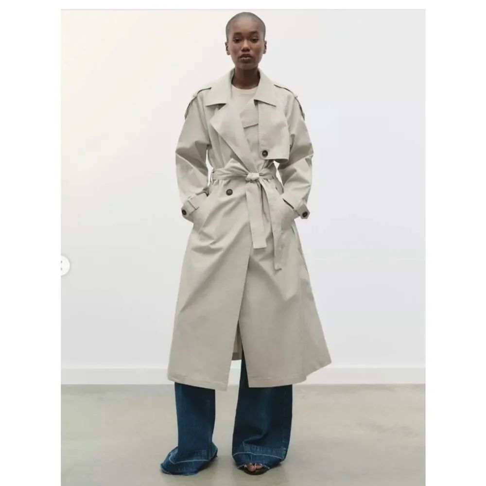 Zara Womens Trench Coat Jacket L Large Beige Belted Double Breasted 8372/059 NWT